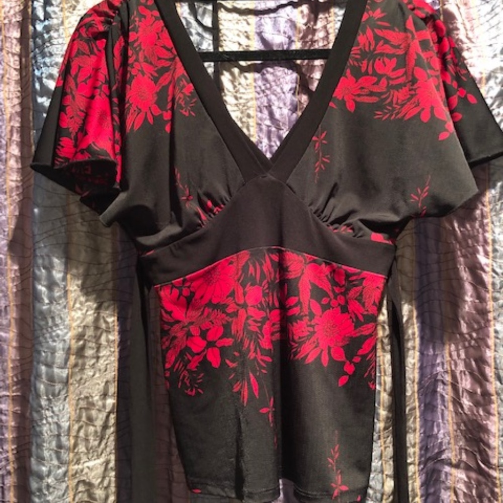 Black & Red Asian Inspired Top w/Butterfly Sleeves
